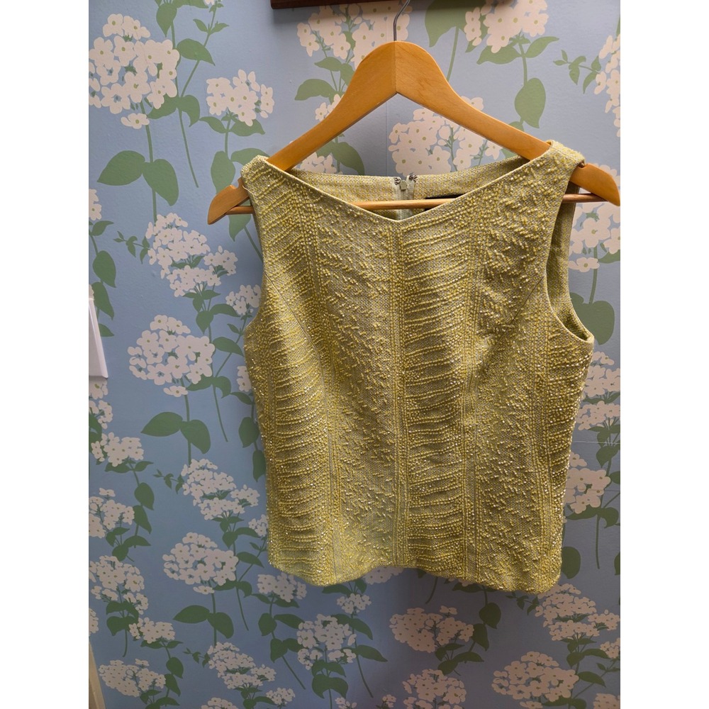 Carmen Marc Valvo Signature Beaded Tweed Shell Top Yellow Size 10